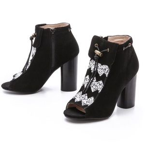 House of Harlow 1960 Beaded Suede Open Toe Booties in Black & White | 8.5